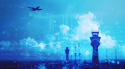Sky Symphony Dynamic Communication Towers and Airplanes in Blue Harmony