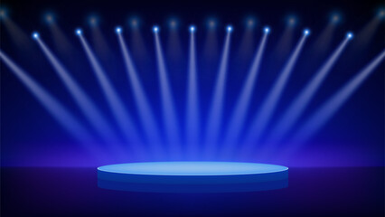 Stage, spotlight, podium. Blue backdrop, background for displaying products. Bright spotlights. Glowing light spot on scene. Shining stage blue lights with ramp illumination. Vector illustration