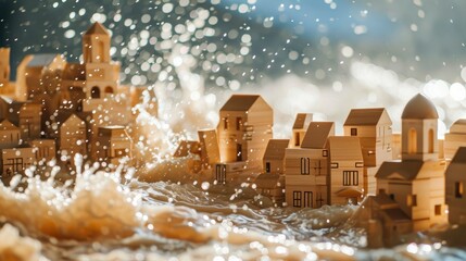 A huge wave washes away from back a toy town made of wooden blocks