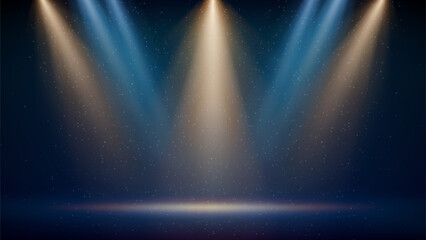 Golden, blue spotlight backdrop. Illuminated blue stage. Background for displaying products. Bright beams of spotlights, shimmering glittering particles, a spot of light. Vector illustration