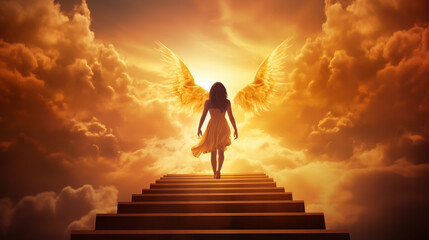 Fototapeta na wymiar 3D rendering of a woman or angel going to heaven. Beautiful sunset with clouds.