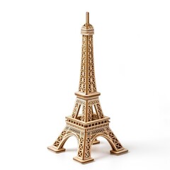 Toy small wooden world architectural landmark Eiffel Tower isolated on white background