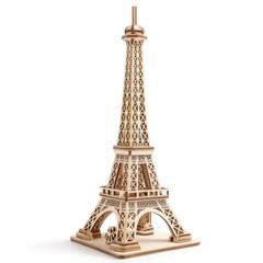 Fototapeta na wymiar Toy small wooden world architectural landmark Eiffel Tower isolated on white background
