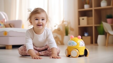 A 2-3 year old child plays with toys in a child's room. Happy childhood. Leisure time of the baby. Early development