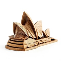 Toy small wooden world architectural landmark Sydney Opera isolated on white background