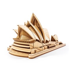 Toy small wooden world architectural landmark Sydney Opera isolated on white background