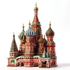 Toy small wooden world architectural landmark St. Basil's Cathedral in Moscow isolated on white background