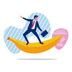 Obraz premium Banana surfing. Creative businessman rushes forward towards the goal. Vector illustration art design. Isolated on white background.