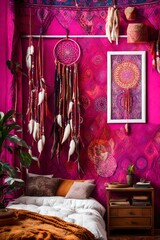 A vibrant bohemian bedroom with tapestries and dreamcatchers, a blank white frame hanging on a vivid magenta wall.