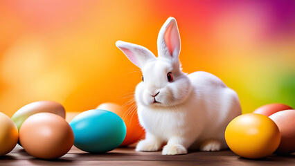 cute easter bunny on a decorated background of colorful easter eggs, generative artificial intelligence