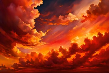 Fototapeta premium Intense close-up of vibrant, fiery clouds in shades of crimson and gold, evoking a sense of passion and drama in the evening sky.