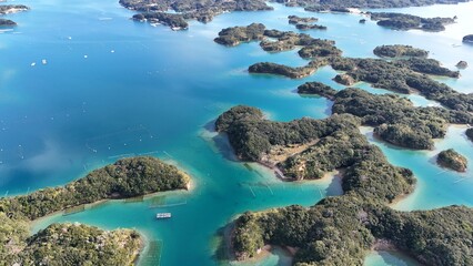 Aerial view of small islands in Japan with deeply indented coastline