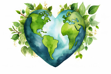 Watercolor  drawing of heart shaped world map. Save the planet concept