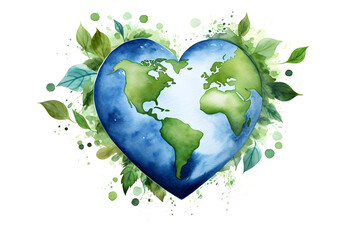 Watercolor  drawing of heart shaped world map. Save the planet concept - obrazy, fototapety, plakaty
