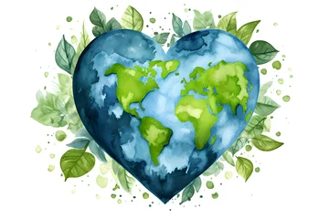 Poster Watercolor  drawing of heart shaped world map. Save the planet concept © Oksana