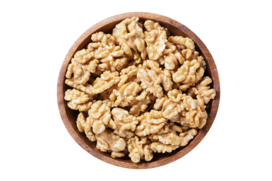 bowl of walnuts isolated on transparent background, top view