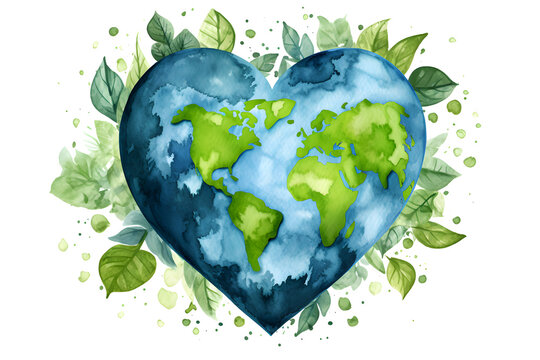 Fototapeta Watercolor  drawing of heart shaped world map. Save the planet concept