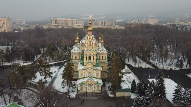 Ascension Cathedral in Almaty, Kazakhstan, top view, drone footage.
