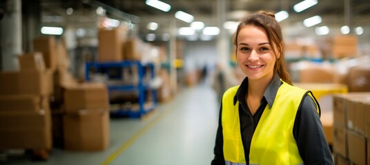 happy female warehouse worker in yellow safety gear smiling in warehouse, horizontal background, copy space for text