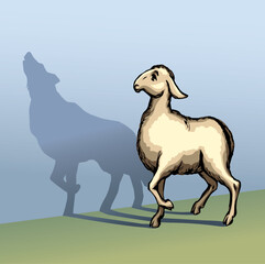 Vector drawing. Cute small sheep with shadow of wolf