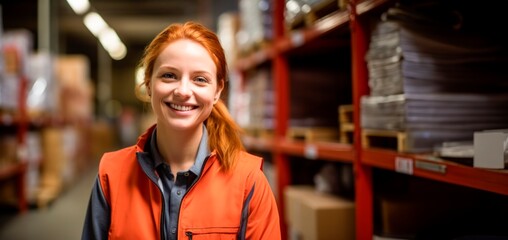  happy female warehouse worker in orange safety gear smiling in warehouse, horizontal background, copy space for text