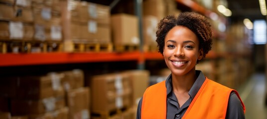 Naklejka premium happy female warehouse worker in orange safety gear smiling in warehouse, horizontal background, copy space for text