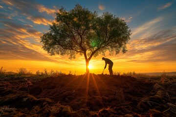 Elderly man digging soil near a tree at sunset.