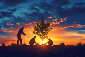 A father and his two children planting a tree at sunset.
