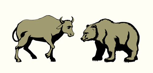 Vector drawing. Big cow and bear