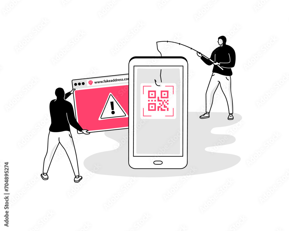 Poster QR code phishing attack symbol with a smartphone scanning a fake qr code and two hackers. Flat design, easy to use for your website or presentation.