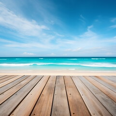 Wooden dock over caribbean sea with white sand beach and blue sky