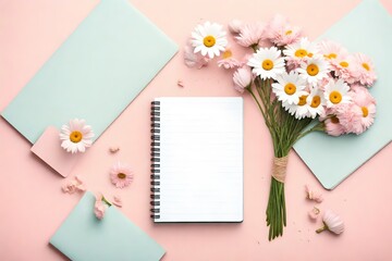 A top view of a daisy bouquet placed beside a notebook mockup with a pastel pink background, exuding a feeling of freshness and creativity.