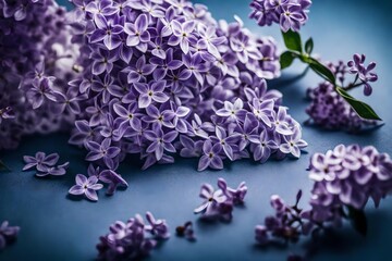 A macro shot of lilac flowers gracefully arranged on a notebook mockup, the ultraviolet background adding a touch of elegance to the scene.