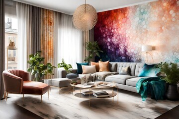 A cozy living room featuring a seamless blend of ombre alcohol ink patterns on the walls, evoking a sense of modern elegance.