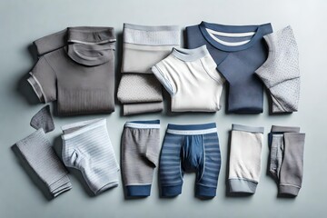 A set of thermal underwear, neatly folded and arranged, showcasing various textures and patterns.