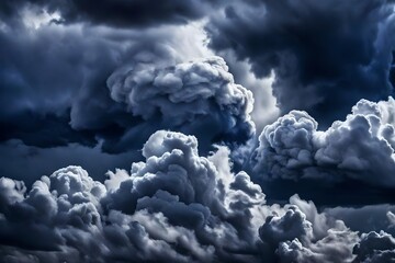 Intimate view of turbulent clouds in shades of stormy gray and deep indigo, capturing the raw power and beauty of a brewing storm.