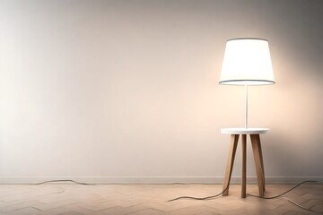 A minimalist white lamp with a blank lampshade, illuminating a room.