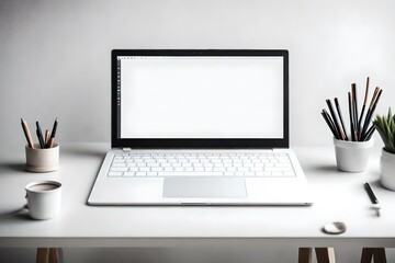 Fototapeta premium A closed white laptop with a plain screen, sitting on a minimalist desk.