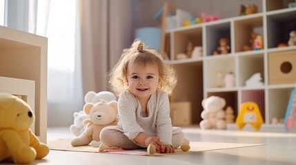 A 2-3 year old child plays with toys in a child's room. Happy childhood. Leisure time of the baby. Early development