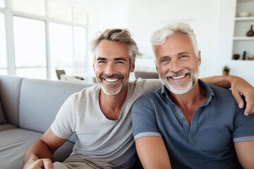 portrait of middle-aged gay couple in the living room smiling and hugging 
