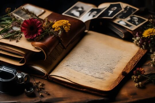 A weathered leather journal with yellowed pages, opened to reveal handwritten letters, dried flowers, and old photographs tucked within.