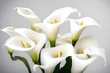 A bundle of white calla lilies, their elegant curves and pure white blooms exuding sophistication against a crisp white background.