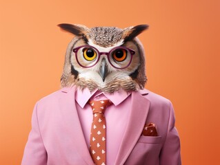 portrait photo of anthropomorphic fashion Owl dressed for Teacher's Day. Back-to-school concept.