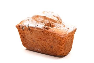 Homemade cupcake with powdered sugar on white background. Homemade fresh baked goods