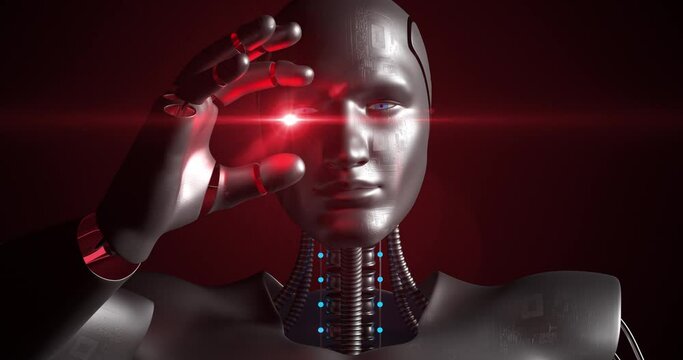 Futuristic High Tech Robot Holding A Light With His Hand. Technology And Science Related 3D Animation. 