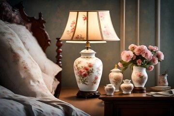 A delicate porcelain table lamp with floral patterns, casting a gentle glow on a bedside table in a Victorian bedroom.