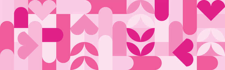 Seamless pink background for Mother's Day card template. Trendy geometric shapes with circles, squares and hearts in retro style for a Valentine's Day or wedding day cover.