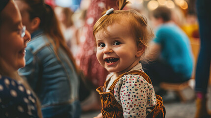 Cheerful child among adults