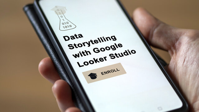 January 03th 2024. Student enrolls to Data Storytelling with Google Looker Studio program on a phone, upskilling certification by e-learning