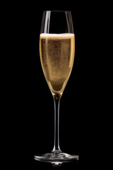 A crystal-clear flute glass of champagne isolated on black background